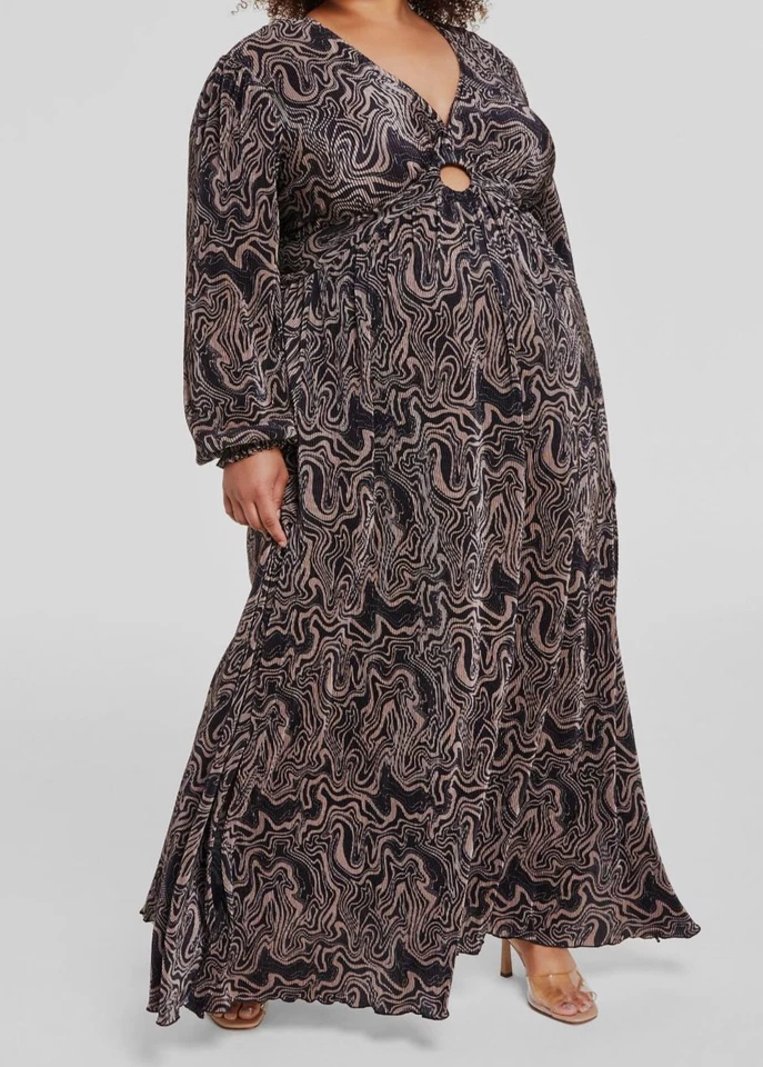 Nina Parker Trendy Plus Size Pleated Maxi Dress Women's 3X Black/Portabella L/S