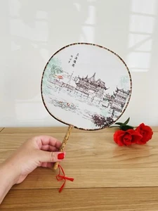 Vintage style Oriental Chinese Japanese Silk Bamboo Paddle Fan Screen - Picture 1 of 11