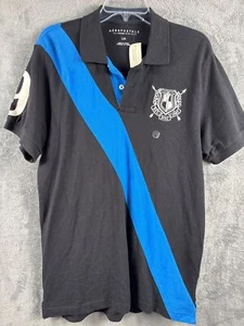 Aeropostale Mens Large Polo Shirt Black & Blue Stripe Crest Logo Cotton - Picture 1 of 8