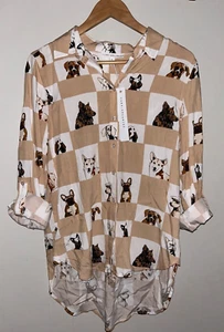 NEU NEU MIT ETIKETT JANE + DELANCEY Hundedruck geknöpfte Bluse Corgi, Frenchie weiß hellbraun Größe M - Bild 1 von 3