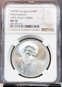 2009 HUNGARY SILVER 5000 FORINT MIKLOS RADNOTI ANNIVERSARY NGC MS 70 RARE POP 1 - Picture 1 of 3