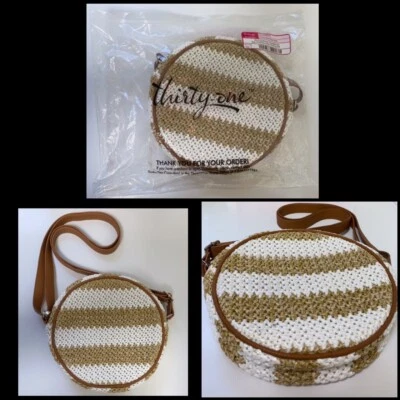 NEW Thirty One Crossbody Jewell Round Canteen Style Purse Tan Striped Straw Bag Foto 1 de 4