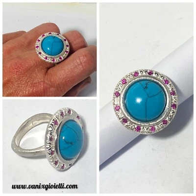 anello da donna in argento 925 Con Pietra turchese Grande E Zaffiro a fascia - Immagine 1 di 4