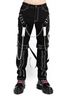 Men Black Tripp Pant Punk Rock Gothic Style Trouser with Red Straps 100% cotton - Image 1 of 4