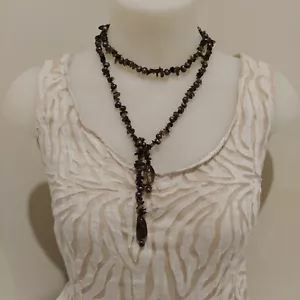 Lariat Necklace Dark Purple Amethyst Stones & Bronze AB Freshwater Potato Pearls - Picture 1 of 7