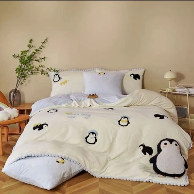 Queen&King Size Cute Penguin Embroidery Milk Velvet Duvet Cover Set 4-Piece - Image 1 of 4
