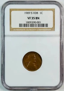 1909 S VDB Small Cents Lincoln Wheat Penny NGC VF-35 BN Brown - Picture 1 of 2
