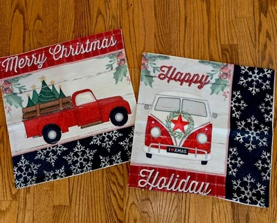 Christmas Pillow Covers 18x18 Linen Decorative Retro Red Truck VW Beetle - Image 1 of 4