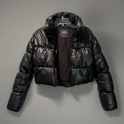 ZARA Black Cropped Puffer Jacket TRF Size XS Shiny Zip Bubble Winter Coat - Image 1 of 4