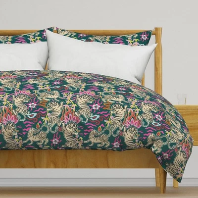 Funda nórdica o almohada estampada verde azulado oscuro Bright Flaming Tigers Foto 1 de 4