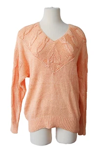 1980s Hand Knit Oversize Sweater Peach Cable Knit V Neck Wool Blend - Picture 1 of 7