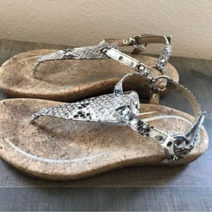 Aetrex Emilia Snake Print Thong Sandals Gray White Women's 8.5 Adjustable - Picture 1 of 7