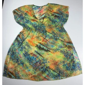 Pineapple Cove Dress Sheer Colorful V-Neck Short Sleeve Lightweight L - Picture 1 of 6