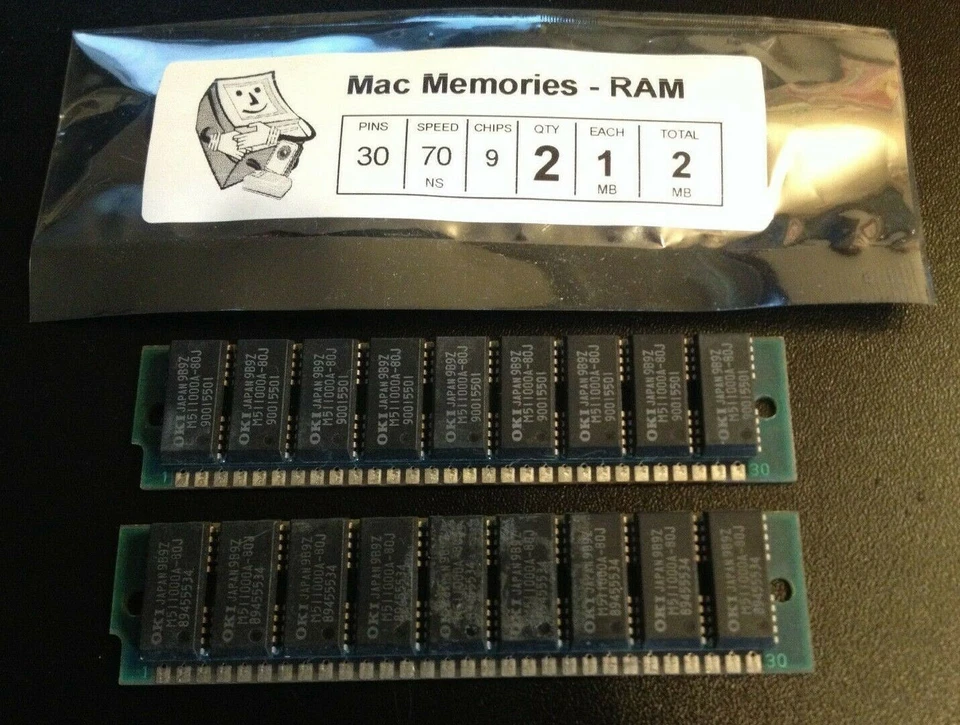 2x 1MB 30-Pin 9-chip Parity 70ns FPM SIMM Plus Classic SE Memory Apple Macintosh - Image 1 of 3
