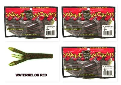 (3) Paquetes sin abrir Plásticos Ondulados 3" Tiki-Grass Craw Sandía Rojo Nuevo Foto 1 de 3