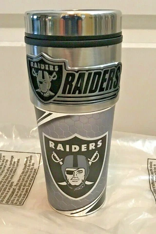 Oakland Raiders Stainless Steel Tumbler With Pewter Embossed Emblem 16 oz Cover