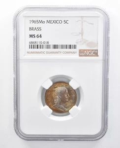 1965 Mo Mexico 5 Centavos Brass MS64 NGC Rainbow Tone *7663 - Picture 1 of 3