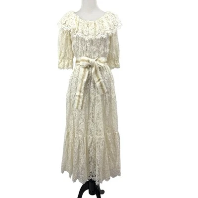 Vintage Ivory Lace Dress Midi Tiered Peasant Cowgirl S/M Midi Western Wedding - Image 1 of 4