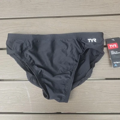 TYR Men's Solid Black Nylon Drawstring Racer Swimwear Briefs Size 30 NEW - Image 1 of 3