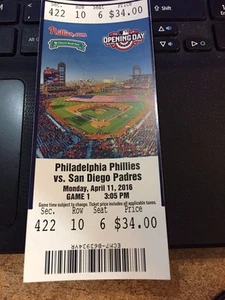 2016 PHILADELPHIA PHILLIES VS SAN DIEGO PADRES TICKET STUB OPENING DAY 4/11 - Picture 1 of 1