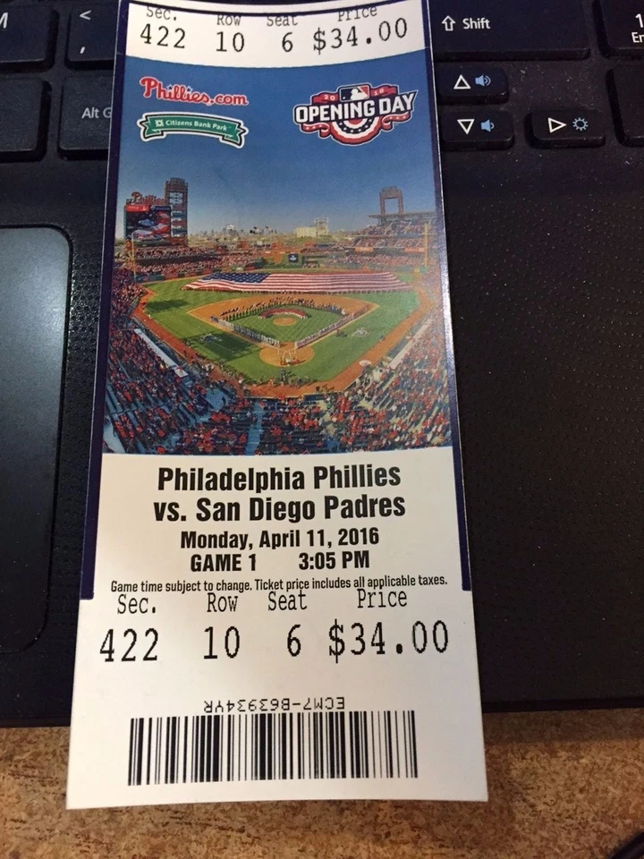 2016 PHILADELPHIA PHILLIES VS SAN DIEGO PADRES TICKET STUB OPENING DAY 4/11  - Image 1 of 1