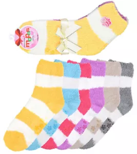 6 Pair Women Fuzzy Plush Cozy Soft Slipper Socks Warm Stripes w/ No Skid Bottom - Picture 1 of 2