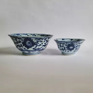 2pc 1800s Qing Dynasty Blue and White Ceramic Bowl China Antique Porcelain Lotus - Picture 1 of 19