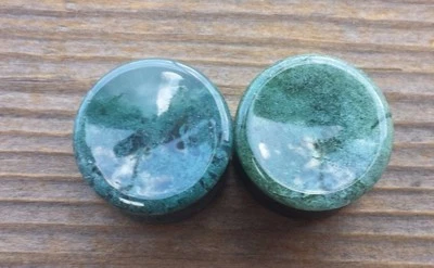 RARO! PAR DE TAPONES DE ÁGATA MUSGO CÓNCAVO REAL MEDIDORES JOYERÍA CORPORAL DOBLE ACAMPANADO Foto 1 de 4