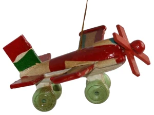 Mini Propeller Airplane Holiday Christmas Ornament 3.25" Hand Painted Wood - Picture 1 of 10