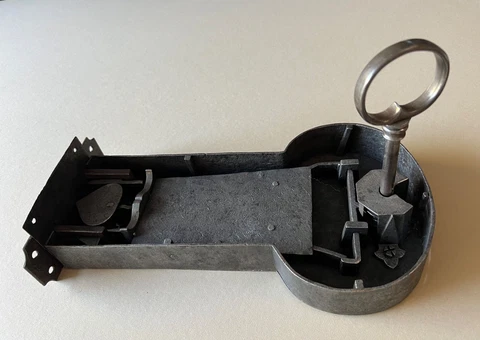 French 1700's Hand-Wrought Iron Lock with Forged Key, Safe, Trunk, Sliding Door Cover