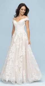 Allure Bridal Gown 9619 Champagne/Ivory, off-shoulder, scrolling embroidery - Picture 1 of 6