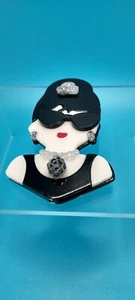 Acrylic Brooch of Sophisticated Bejeweled Woman in a Black Dress with Sunglasses - Picture 1 of 6