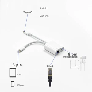 2 in 1 Typ C 8 Pin zu RJ45 Ethernet Netzwerk 100MBS OTG Adapter für Apple iPhone - Bild 1 von 8
