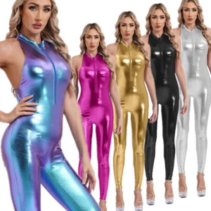 Damen Wetlook Body Metallic ärmellos Overalls Gymnastikbody Ganzkörper Clubwear - Picture 1 of 41