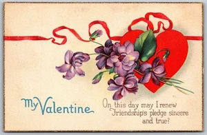 Vintage To My Valentine Greetings Red Heart Flowers Ribbon 1910s unbenutzt Postcard - Bild 1 von 2