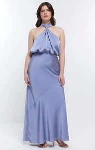 River Island Womens Blue Maxi Dress Halter Neck Satin RRP £80 - Picture 1 of 22