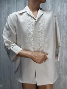 Beau Tiki Wedding Shirt Iolani Hawaii Lace Pockets 3/4 Sleeve Beige Mens Vtg L - Picture 1 of 9