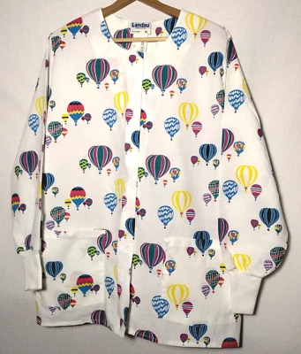 Landau Hot Air Balloon Scrub Top Women XL White Colorful Snap Long Sleeve NEW - Image 1 of 4