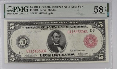 1914 $5 Federal Reserve Note New York FR#833b PMG AU58 EPQ - Image 1 of 2