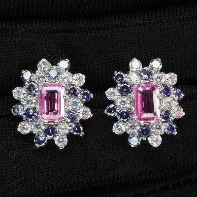 Glittering Rose Pink Sapphire 1.54Ct 925 Sterling Silver White Gold Earrings - Image 1 of 4