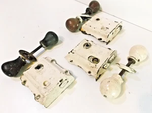 Three sets of antique original reclaimed door rim locks with wooden knobs - Imagen 1 de 14