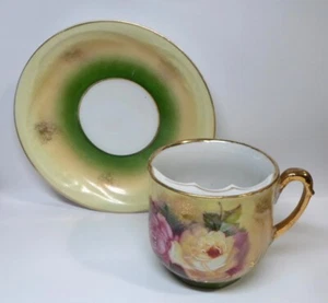 Antique MUSTACHE CUP & SAUCER - PINK & YELLOW ROSES Made in Germany Gold Trim - Picture 1 of 11