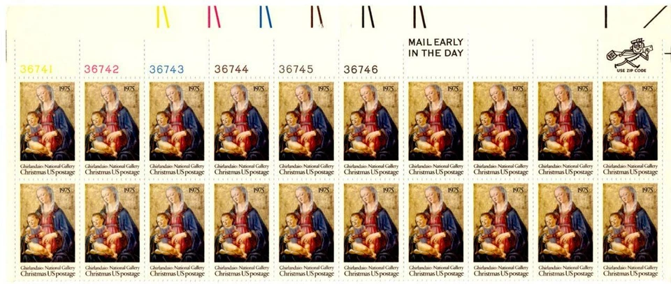 BLOCK OF (20) 10 CENT U.S. POSTAGE STAMPS CHRISTMAS GHIRLANDIAO GALLERY 1975 - Image 1 of 1