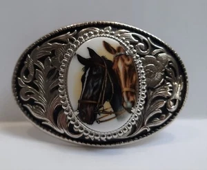 Vintage Silver & Black Ornate Horse Heads on Porcelain Oval Western Belt Buckle - Picture 1 of 6