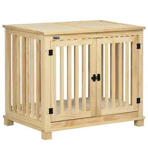 Wooden Dog Crate, with Double Doors, Cushion, for Medium Dogs - Natural - Picture 1 of 11