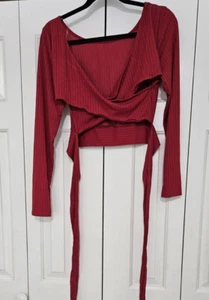 Moa Moa  Red, soft, v-neck wrap Shirt  Size L, Long  sleeve, NWT $34. (bn15) - Picture 1 of 5