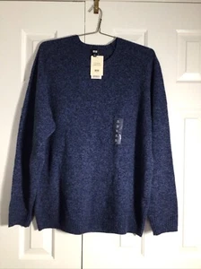 UNIQLO Premium Lambswool Crew Neck Sweater Men XL 66 Blue L/Slv Classic Warm NWT - Picture 1 of 16