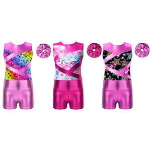 Girls Outfits Patchwork Dancewear Gymnastics Set Workout Hair Tie Round Neck - Picture 1 of 49