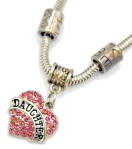 Red Crystal Heart Daughter Charm On Rope Chain Bracelet - Love Spacer Beads - Picture 1 of 3