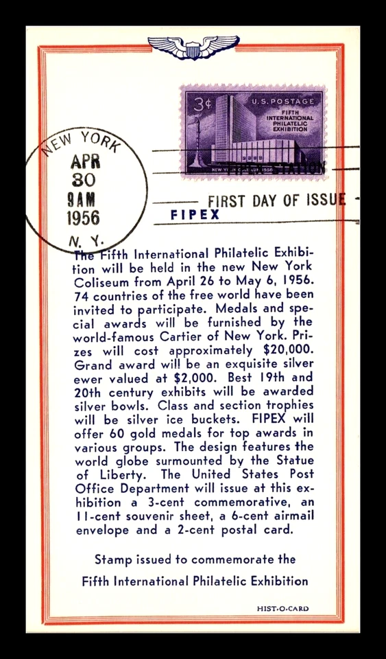 1076 3c Stamp (1956) 5th INTERNATIONAL STAMP EXHIBITION FDC By HIST-O-CARD - Image 1 of 1